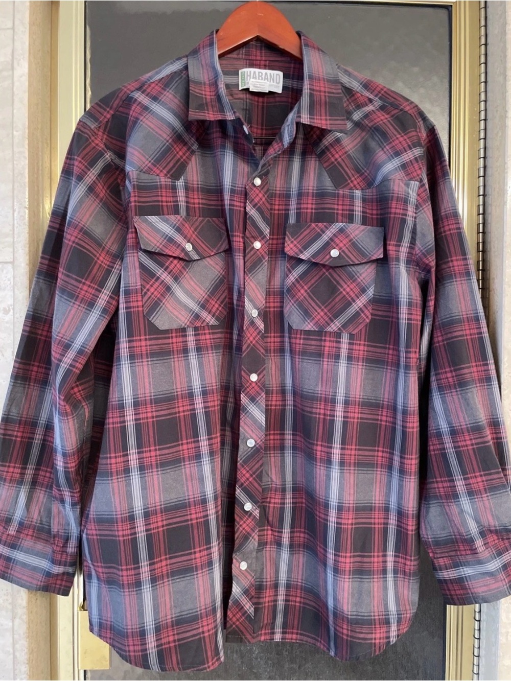 Haband Quality & Comfort Pearl Snap Red Plaid Long Sleeve Sz Large with pockets